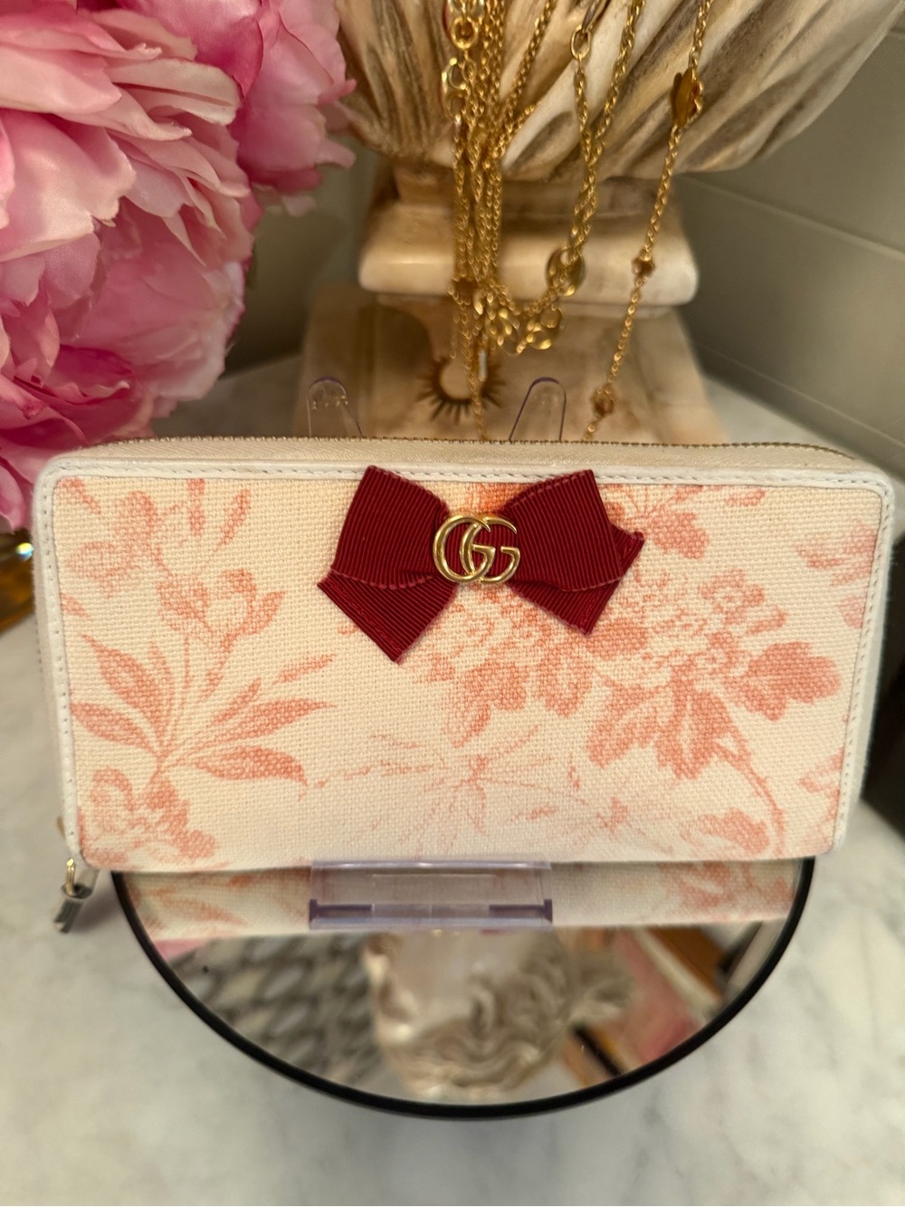 Gucci Cream Canvas Long Ziparound Wallet w Red Bow + Coral Floral Print + Dusty - Picture 15 of 16